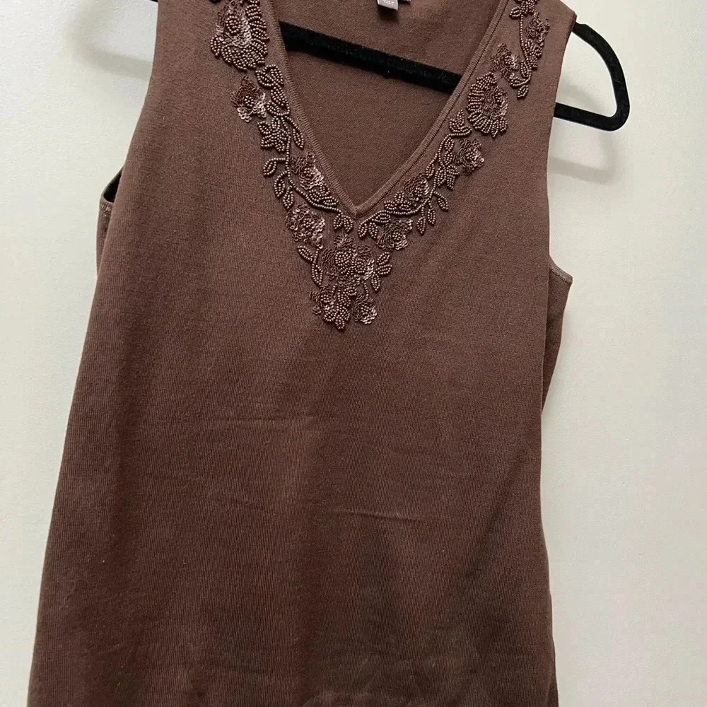 Ann Taylor brown beaded v-neck sweater silk-blend sleeveless top medium - Picture 11 of 17